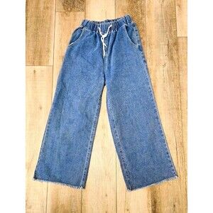 Fashion Womens Blue Denim Wide-Leg Jeans Drawstring Elastic Waist Pockets Sz S